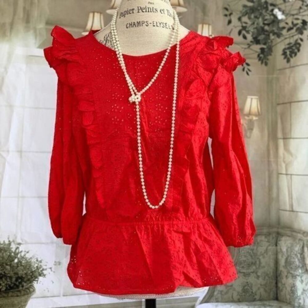 RED PEPLUM Blouse Top Laser Cut Style Small
